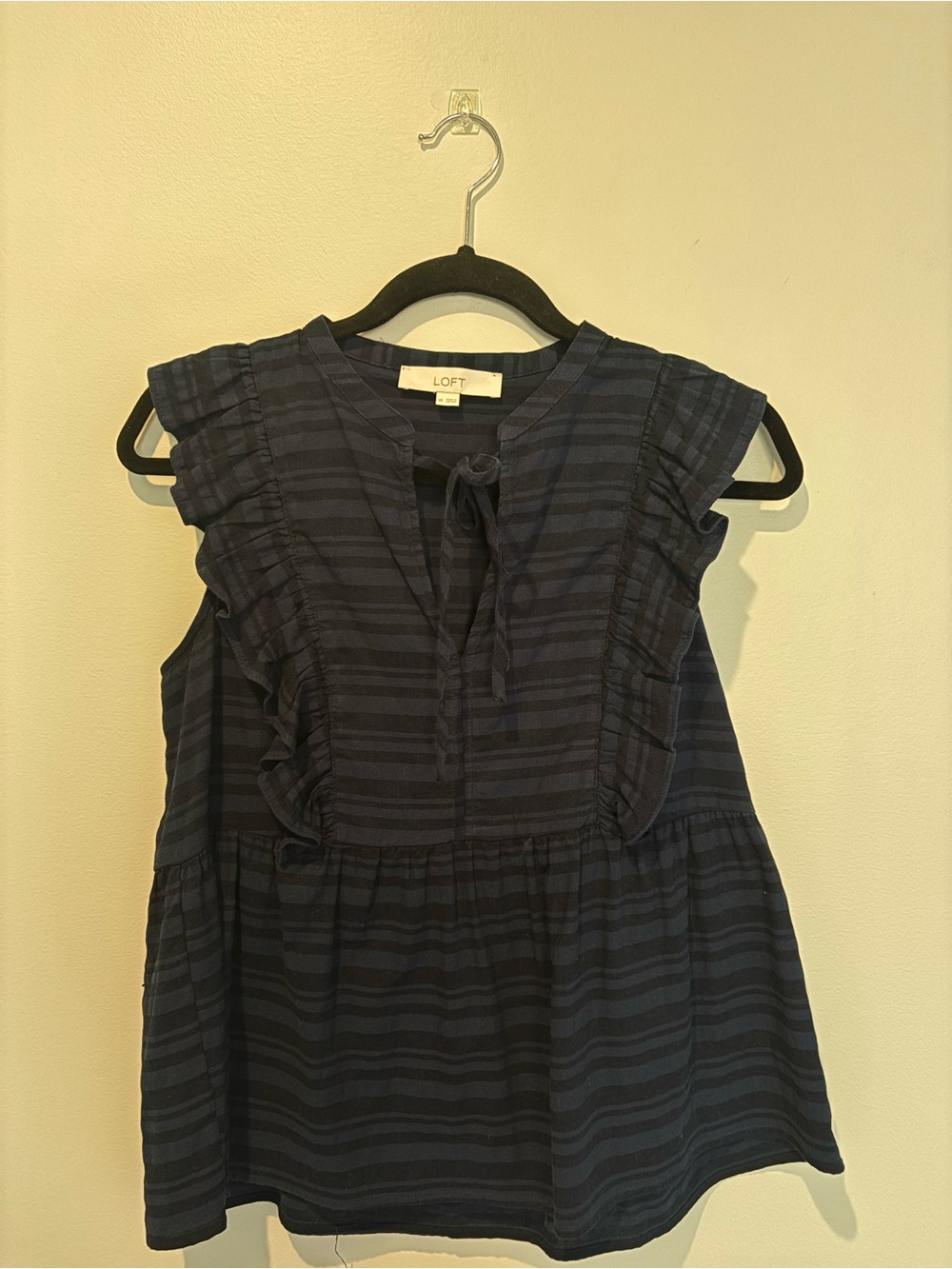 LOFT Navy Striped Tie-Neck Blouse